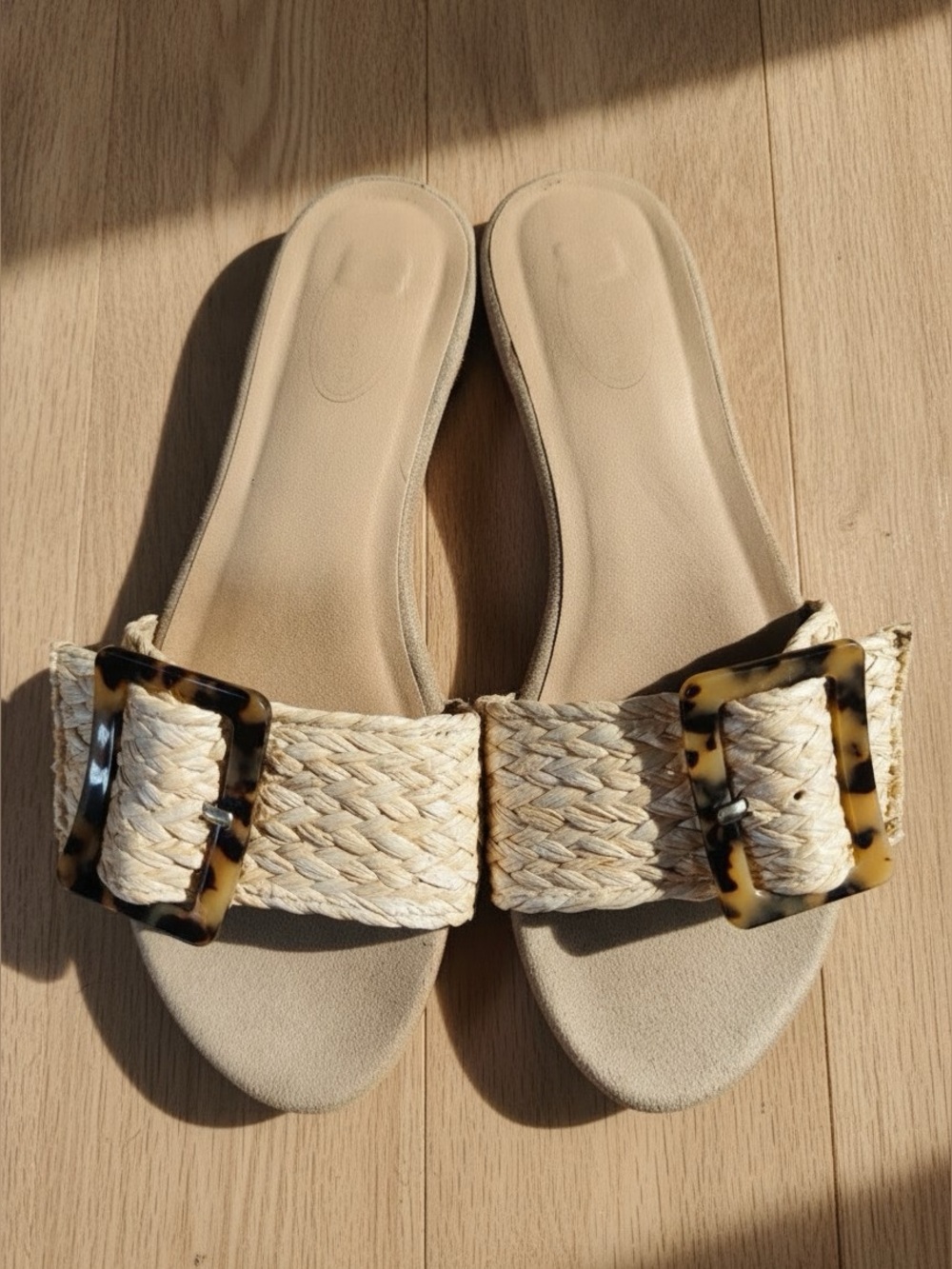 Beige Woven Slide Sandals with Tortoise Buckle